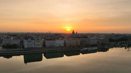 Morning light, Establishing Aerial View Shot of Budapest, Hungary. Buda and Danube river at sunrise