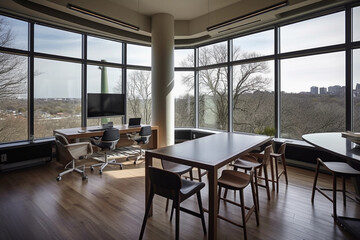 office with large windows and a table and chairs, in the style of contemporary modernist-type photography, natural scenery