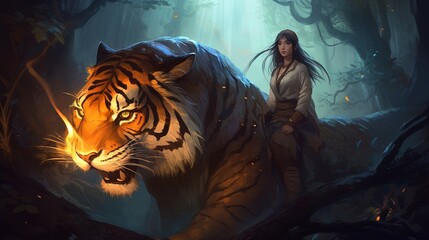 A young sorceress and her ferocious tiger companion on a perilous journey through a magical realm. Fantasy concept , Illustration painting. Generative AI