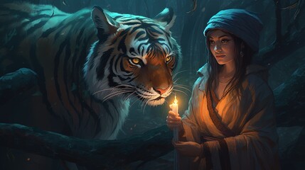 A young sorceress and her ferocious tiger companion on a perilous journey through a magical realm. Fantasy concept , Illustration painting. Generative AI