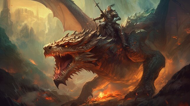 A brave knight riding a dragon into battle Fantasy concept , Illustration painting. Generative AI