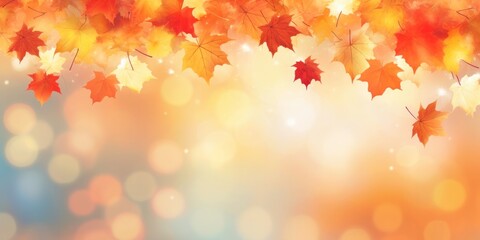 Naklejka na ściany i meble Beautiful seasonal abstract autumn background with copyspace and falling leaves. Generative AI.