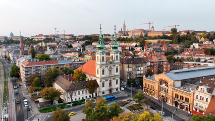 Naklejka na ściany i meble Aerial view of Budapest city skyline, Saint Anne Parish of Upper Watertown (Felsovizivarosi Szent Anna-plebania), Roman Catholic parish church