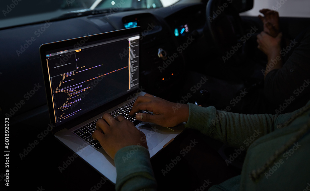 Poster Hacker, code and laptop with person in car for ransomware, cyber security and phishing. Coding, technology and crime with hands of programmer in vehicle for fraud, network system and data at night