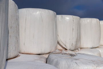 white plastic packaging for hay during storage in winter