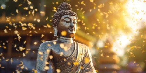 Buddha statue. background blurred flowers and sky with the light of the sun, Magha Asanha Visakha Puja Day, Buddha statue. Generative AI.