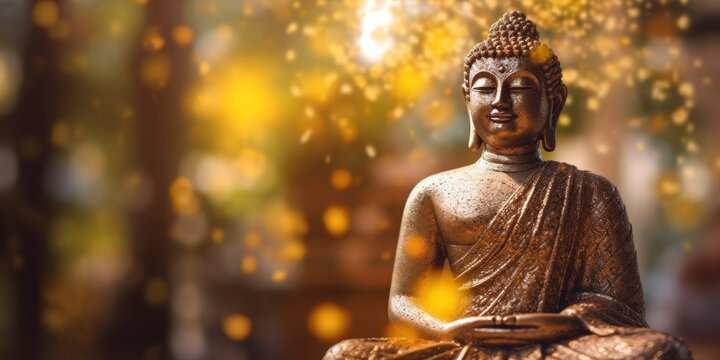 Buddha statue. background blurred flowers and sky with the light of the sun, Magha Asanha Visakha Puja Day, Buddha statue. Generative AI.