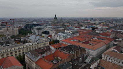 Fototapeta na wymiar Aerial view shot of St. Stephens Basilica, cloudy day, moody Budapest, Hungary