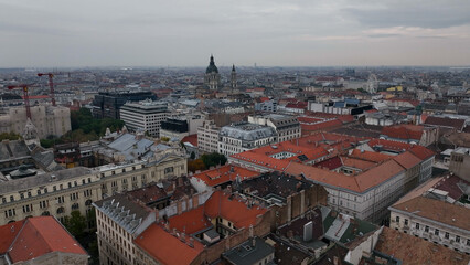 Fototapeta premium Aerial view shot of St. Stephens Basilica, cloudy day, moody Budapest, Hungary