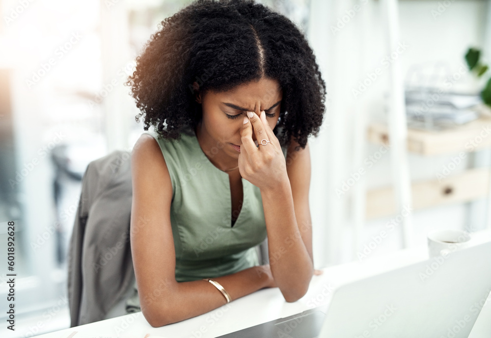 Poster Stress, anxiety or black woman in company with headache pain from job pressure or burnout fatigue in office. Bad migraine problem, business or tired girl employee depressed or frustrated by deadline