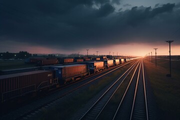 Fototapeta na wymiar Freight train with full carriages and containers moves at dusk. Generative AI