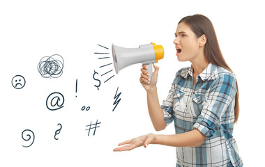 Complaint. Young woman with megaphone and illustrations on white background - obrazy, fototapety, plakaty