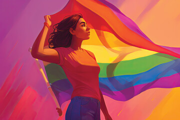 Illustration of a beautiful woman with a rainbow flag in her hand