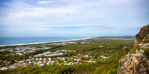 panorama of sunshine coast and coolum beach as seen from the top of mount coolum; aerial view of...