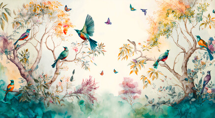 watercolor painting of a forest landscape with birds, butterflies and trees, in  colors  consistent style 2- AI generative