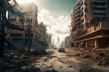 A destroyed city landscape in a dystopian future. Generative AI