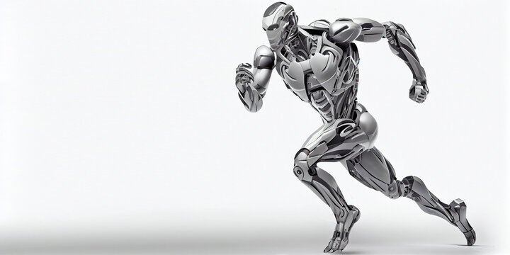 A fast running humanoid muscular robot athlete on an isolated background. Generative AI