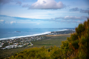 panorama of sunshine coast and coolum beach as seen from the top of mount coolum; aerial view of the coast of south east queensland, australia