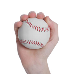 Boy with baseball ball on white background, closeup