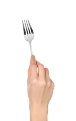 Woman holding clean fork on white background, closeup
