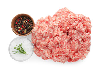 Raw fresh minced meat with rosemary and pepper isolated on white, top view