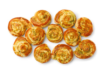 Fresh delicious puff pastry with tasty filling on white background, top view