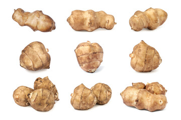 Collage with Jerusalem artichokes on white background
