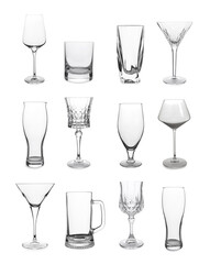 Collage with different empty glasses on white background