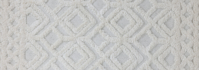 Texture of white carpet with beautiful pattern as background, closeup. Banner design