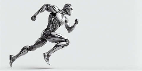A fast running humanoid muscular robot athlete on an isolated background. Generative AI