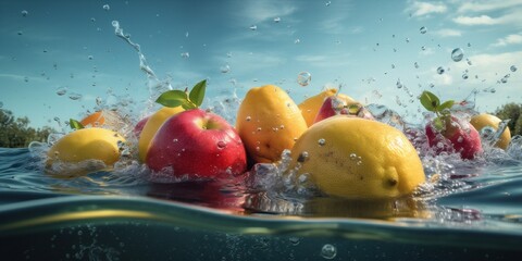 Fototapeta na wymiar apple fruit fresh strawberry healthy drop background food vitamin water green. Generative AI.