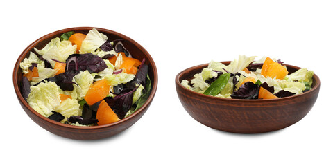 Bowls of delicious salad with Chinese cabbage, tomato and basil on white background