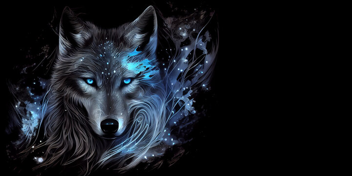 Mystical wolf with glowing eyes, in space style, on a black background with free space for any inscription or text. Generative AI