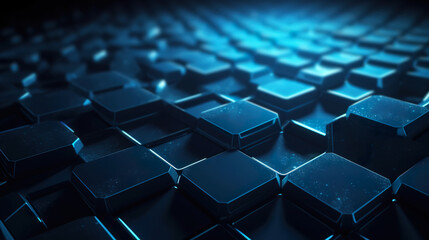 Abstract 3d rendering of futuristic surface with hexagons contemporary sci fi background with bokeh effect poster. Abstract blue hexagon background with depth of field. Generative AI