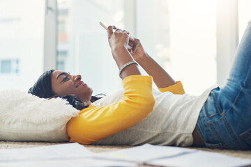 Home floor, cellphone and relax woman scroll, typing and texting social media user, gen z contact...