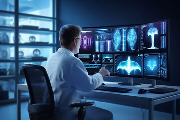 Doctor sit on desk show monitor scan in futuristic technology