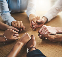 Trust circle, therapy and people holding hands by a wood table at a group counseling or psychology session. Gratitude, spiritual and friends praying together for religion, community and connection. - obrazy, fototapety, plakaty