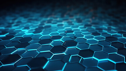 Naklejka premium Abstract 3d rendering of futuristic surface with hexagons contemporary sci fi background with bokeh effect poster. Abstract blue hexagon background with depth of field. Generative AI