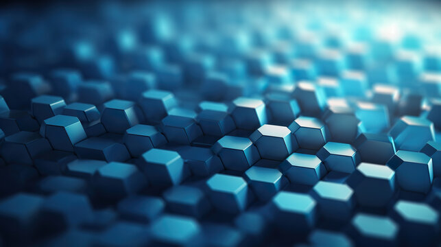 Abstract 3d rendering of futuristic surface with hexagons contemporary sci fi background with bokeh effect poster. Abstract blue hexagon background with depth of field. Generative AI