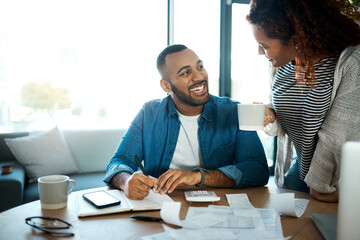 Couple talk about budget, finance and bills with paperwork of financial information, happy with...