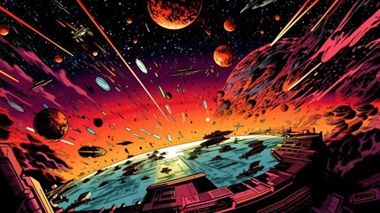 A comic-style illustration of a space battle between spaceships. Fantasy concept , Illustration painting. Generative AI