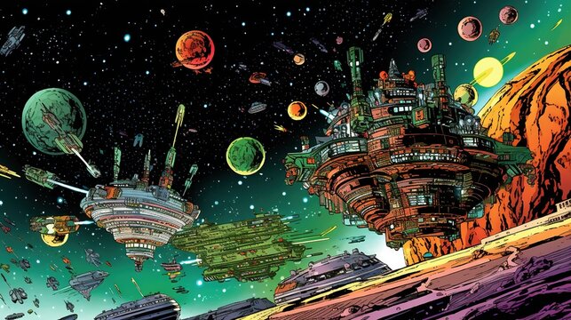 A comic-style illustration of a space battle between spaceships. Fantasy concept , Illustration painting. Generative AI