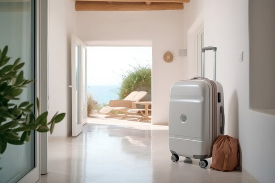 A vacation travel suitcase in a luxury holiday villa. Generative ai