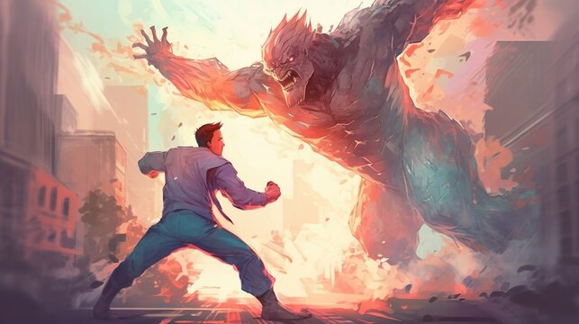 A comic-style illustration of a superhero fighting a monster. Fantasy concept , Illustration painting. Generative AI