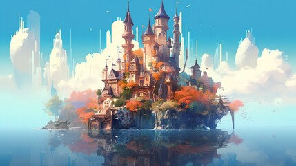 A magic castle on the island. Fantasy concept , Illustration painting. Generative AI