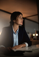 Thinking, overtime and woman in modern office reading email or report online at legal agency....