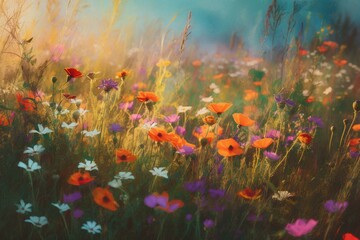 Plakat Vibrant oil painting of wildflowers in a blooming field on canvas with modern impressionism style. Generative AI