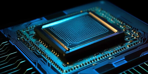 The microprocessor in the rays of light on the background of the electronic board. Generative AI