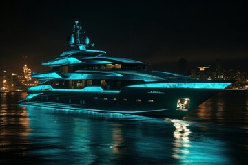 Luxury yacht at night in the bay off the coast. AI generated, human enhanced.