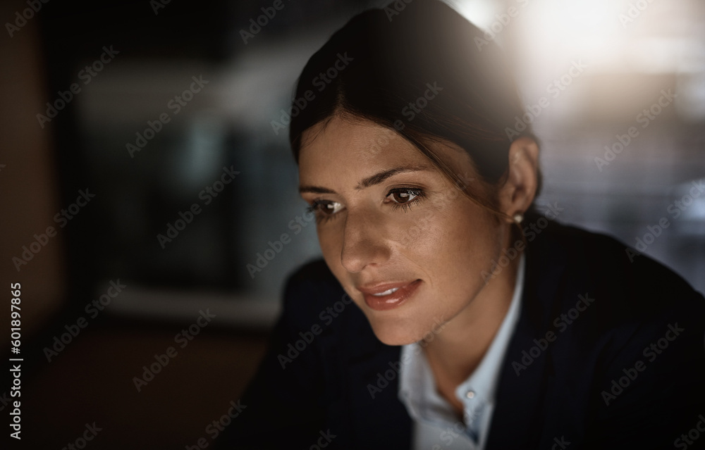 Canvas Prints Thinking, overtime and woman in modern office reading email or problem solving proposal at startup agency. Corporate night work, ideas and time management, business employee working on online report.